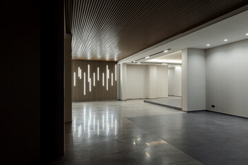 Spacious modern entrance interior in a multi-storey residential building in the city center.