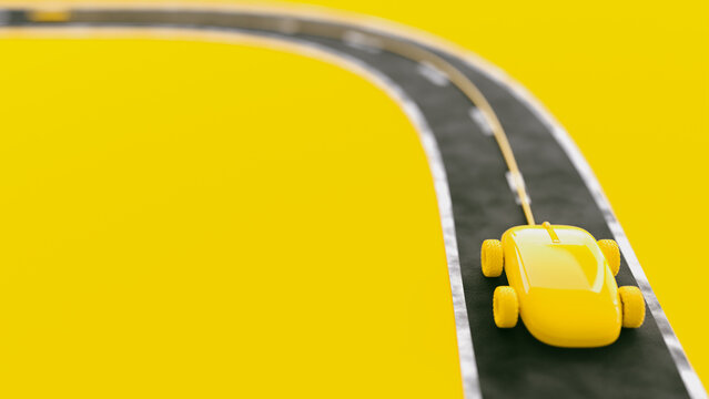 Yellow mouse with wheel running on the paved road. Selective focus on the mouse. Copy space for your text, 3D Render.