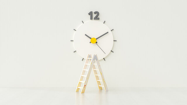 Clock middle of white room. Wooden ladder placed in front. Minimal idea concept, 3D Render.