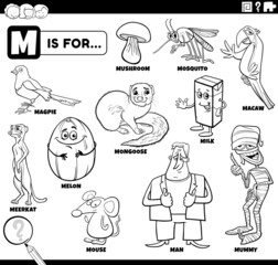 letter m words educational set coloring book page