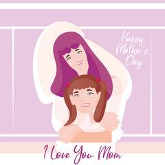Happy woman hugging her daughter characters Happy mother day card Vector