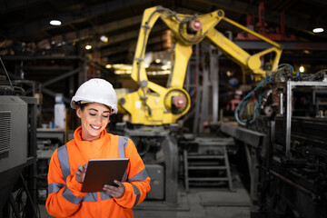 Professional heavy industry female engineer worker wearing safety uniform and hard hat uses tablet computer.