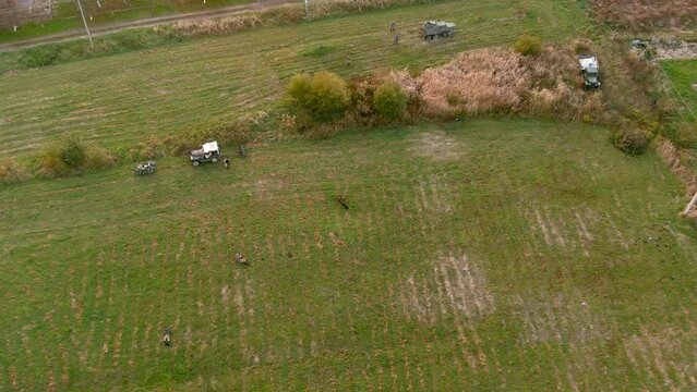 During World War two struggle fight for freedom against enemy. Liberation of people from the invaders. Warrior partisan war. Pair of male soldiers holding rifles, war and savage game.