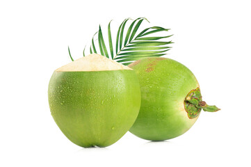 Fresh coconuts with leaves isolated on white background.