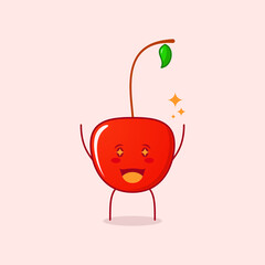 cute cherry cartoon character with happy expression. two hands up, mouth open and sparkling eyes. suitable for logos, icons, symbols or mascots. red and green