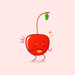 cute cherry cartoon character with happy expression. two hands clenched and sparkling eyes. suitable for logos, icons, symbols or mascots. red and green