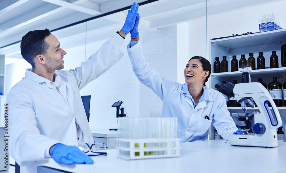 Poster We did it. Cropped shot of two young scientists high fiving while working in their lab.