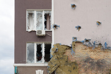 Terror attack Russia war concept. 2022 Russian invasion Ukraine war Bucha destroyed building...