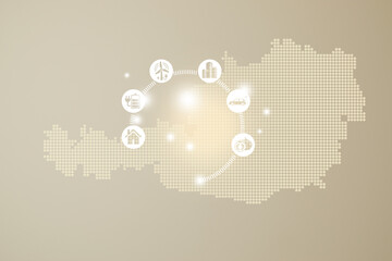 Energy saving concept. Energy innovation with future industry of power generation icons graphic interface. Interactive map of    Austria on beige background