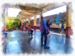 train station in thailand watercolor style illustration impressionist painting.