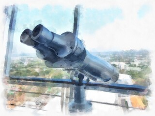 Huge binoculars on the city observatory watercolor style illustration impressionist painting.