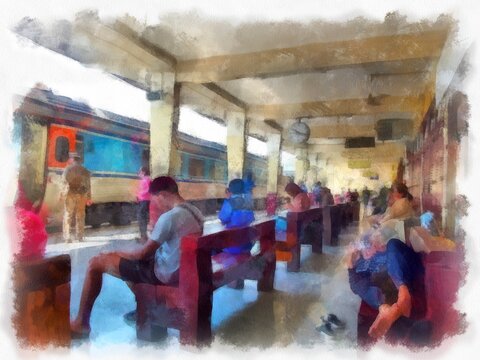 train station in thailand watercolor style illustration impressionist painting.