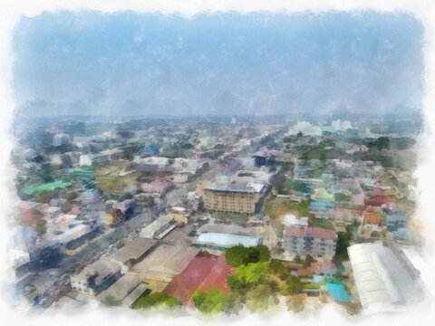 Urban landscape in the provinces of Thailand watercolor style illustration impressionist painting.