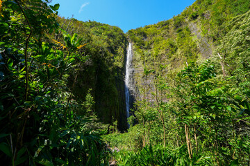 Waimoku Falls at the end of the Pipiwai Trail in the Haleakala National Park on the road to Hana, east of Maui island, Hawaii, United States