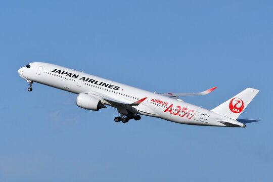Tokyo, Japan - April 18, 2021:Japan Airlines (JAL) Airbus A350-900 (JA01XJ) passenger plane.