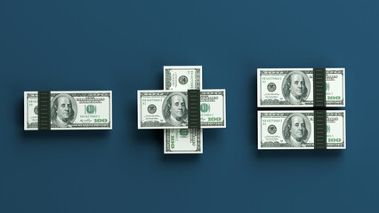 Minus plus and equals-shaped American one hundred dollar stack. On dark blue-colored background. Horizontal composition with copy space.