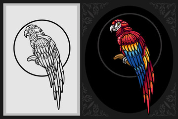 Colorful macaw bird zentangle art with black line sketch isolated on black and white background