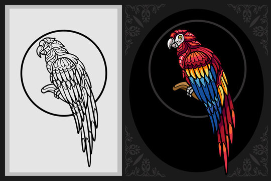 Colorful macaw bird zentangle art with black line sketch isolated on black and white background