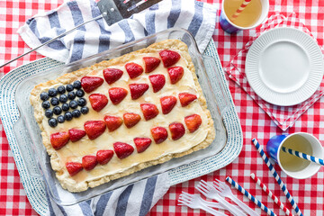 An American flag decorated dessert cake ready for a 4th of July celebration.