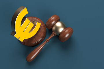 Orange-colored euro symbol and judgment mallet. On dark blue-colored background. Horizontal composition with copy space. Isolated with clipping path.