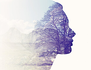 We are all part of nature. Composite image of nature superimposed on a womans profile. - obrazy, fototapety, plakaty