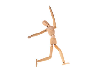a wooden man runs with his hand up isolated on a white background