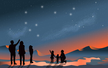 Matariki Star scene night sky with silhouette people looking at space