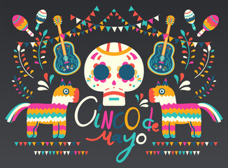 Cinco de Mayo federal holiday in Mexico. Fiesta banner and poster design with flags, flowers, decorations, Vector template with traditional Mexican