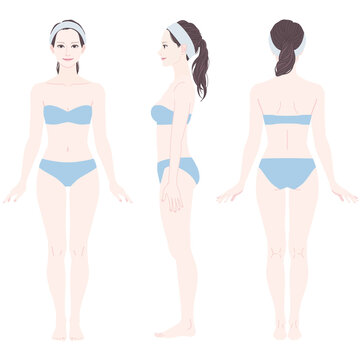 ［Full-body illustration of a woman］This woman's body has the center of gravity below. The neck is long and the waist and bust are low.She is wearing underwear.Front, Side, Rear view.