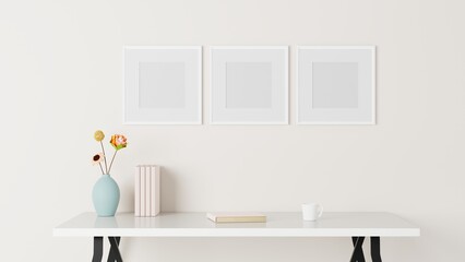 Blank picture frame mockup in modern interior living room, minimal style. 3D rener illustration.