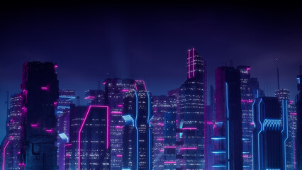 Cyberpunk Cityscape with Blue and Pink Neon lights. Night scene with Visionary Architecture.
