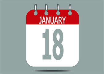 Icon day date 18 January, template calendar page in red and gray for days of the month