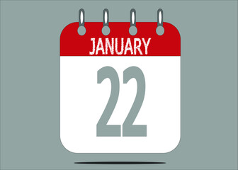 Icon day date 22 January, template calendar page in red and gray for days of the month