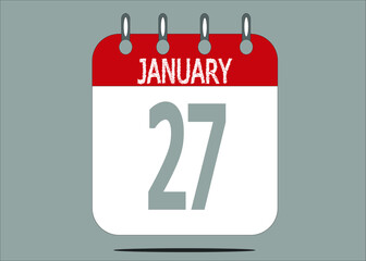 Icon day date 27 January, template calendar page in red and gray for days of the month