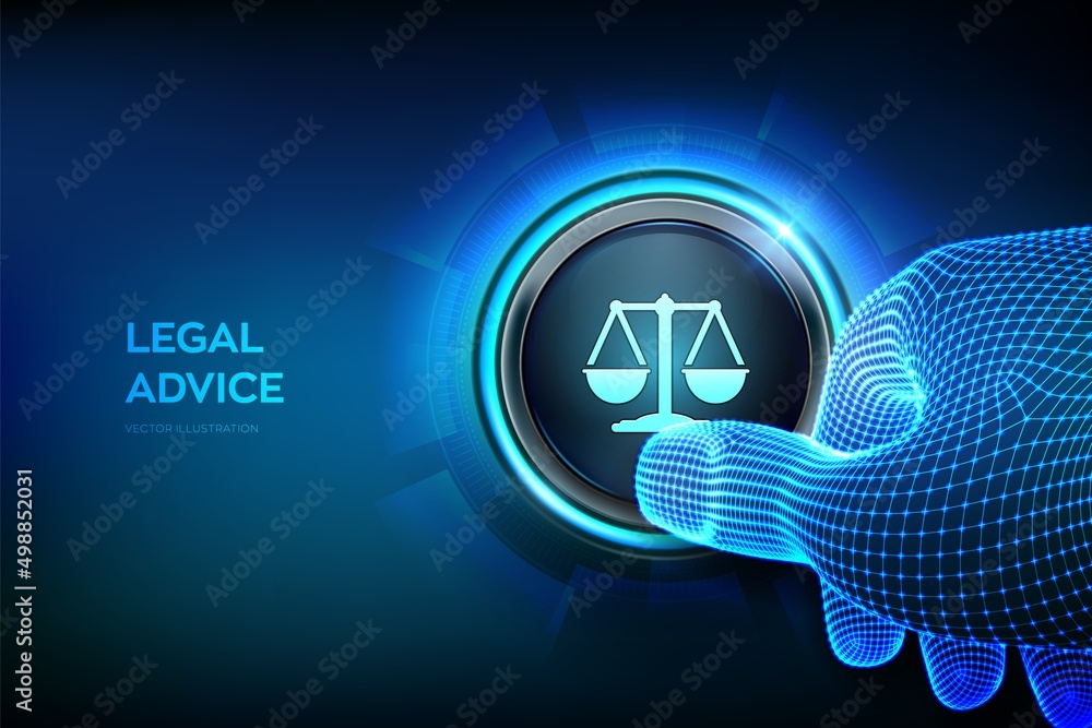 Wall mural Labor law, Lawyer, Attorney at law, Legal advice concept. Closeup finger about to press a button. Internet law and cyberlaw as digital legal services or online lawyer advice. Vecto illustration.