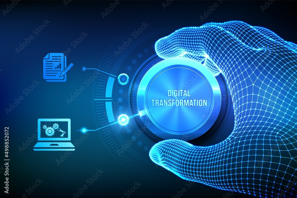 Poster digital transformation. digitization of business processes and modern technology. wireframe hand tur