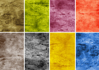 Collection of variations of colored vintage set ancient labels in color palette. Set of cracked spotted aged textural banners in spectrum colors.