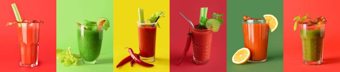 Set of Bloody Mary cocktails on colorful background