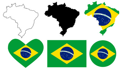 Federative Republic of Brazil flag map icon set isolated on white background