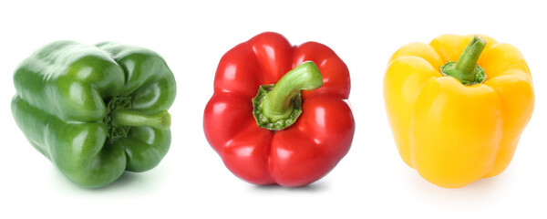 Green, red and yellow bell pepper isolated on white