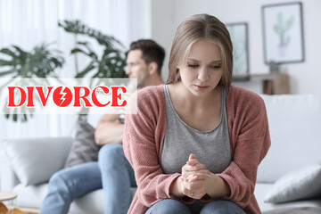 Sad woman after quarrel with husband at home. Concept of divorce