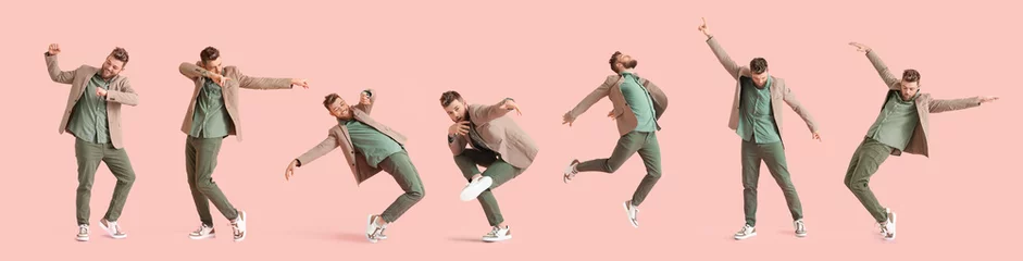 Foto op Plexiglas Cool dancing young man on color background © Pixel-Shot