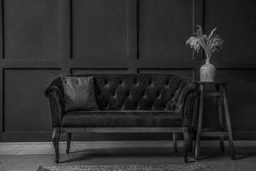 Grayscale photo of living room interior with sofa near black wall