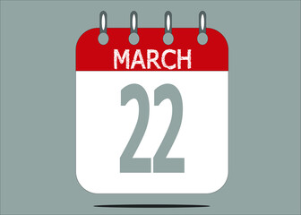 Icon day date 22 March, template calendar page in red and gray for days of the month