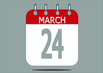 Icon day date 24 March, template calendar page in red and gray for days of the month