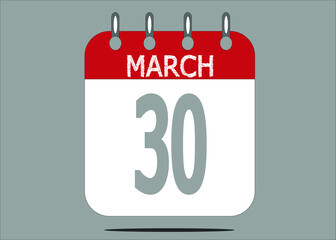 Icon day date 30 March, template calendar page in red and gray for days of the month