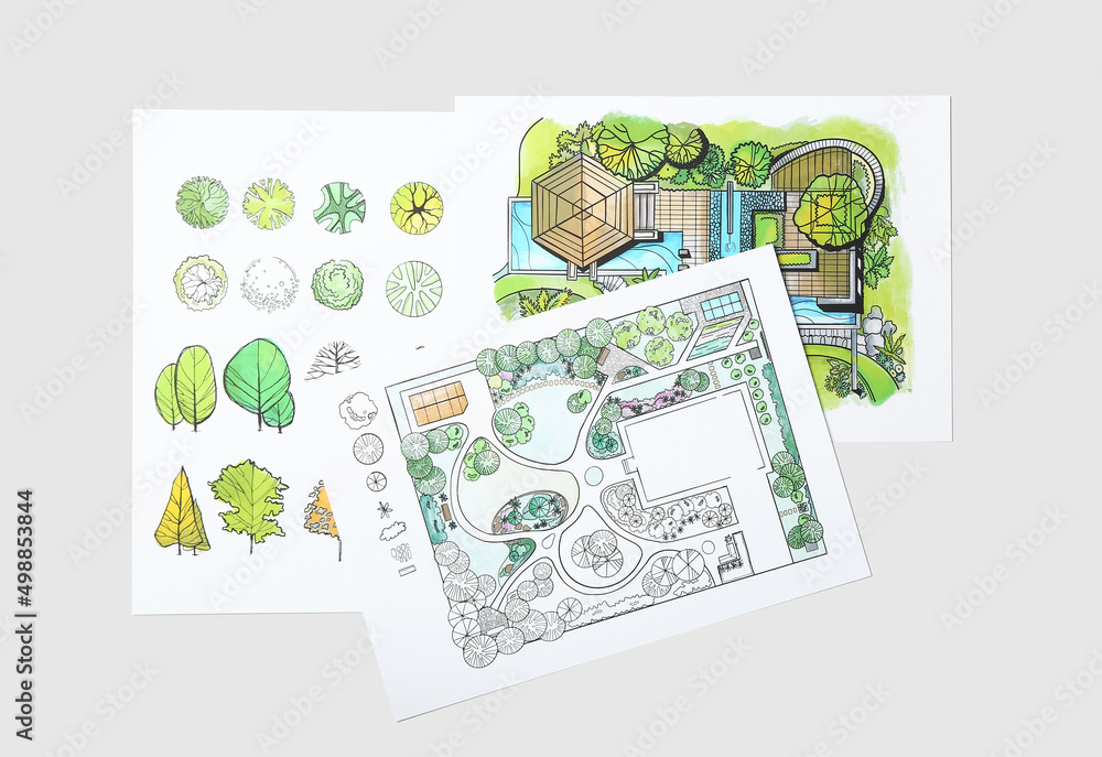 Poster paper sheets with sketches for landscape design on light background