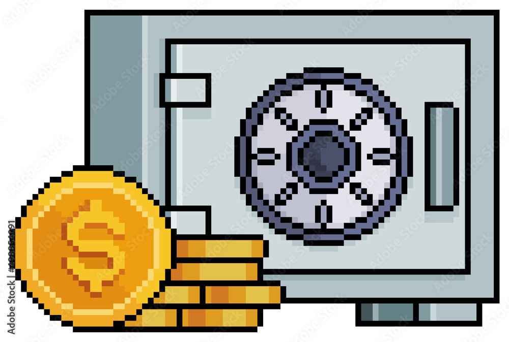 Poster pixel art safe box vault with gold coins with gold coins vector icon for 8bit game on white backgrou