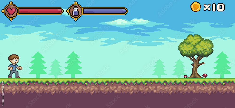 Poster pixel art game scene with character, life bar and mana, tree, cloud vector background for 8bit game