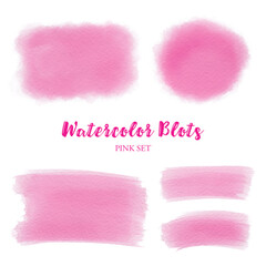 Set of pink watercolor blots isolated on white background. Hand painted texture.